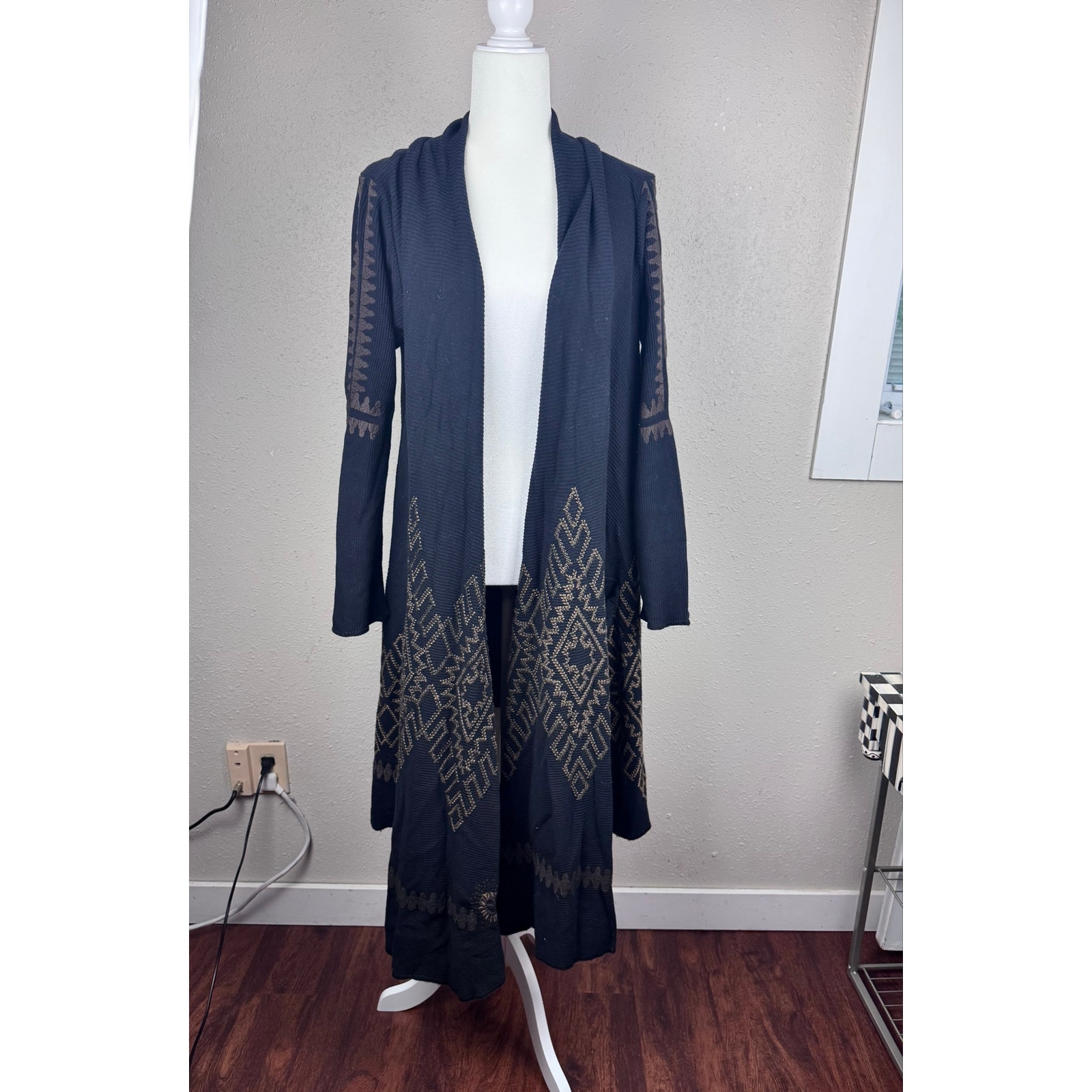 Johnny Was Biya Sweater Cardigan With Embroidered Design Black With Brown